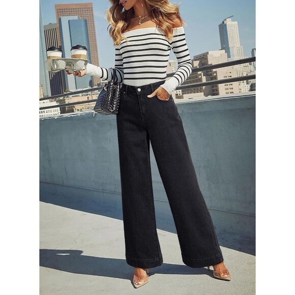 Women's Black High Waisted Wide Leg Denim Jeans Stretchy Loose Pants with Pocket - Picture 4 of 6